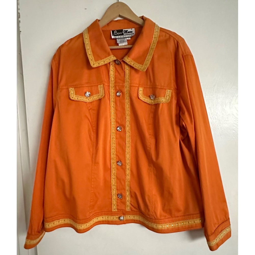 Ben Marc International Orange Rhinestone Lace Trim Button‎ Up Jacket Size 18